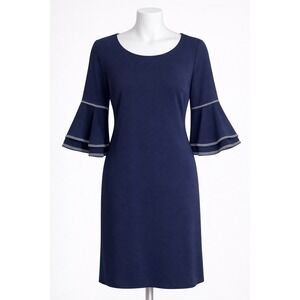 Sharagano Navy Bell Sleeve Dress Womens 8 Sheath Stretch Work Career Office